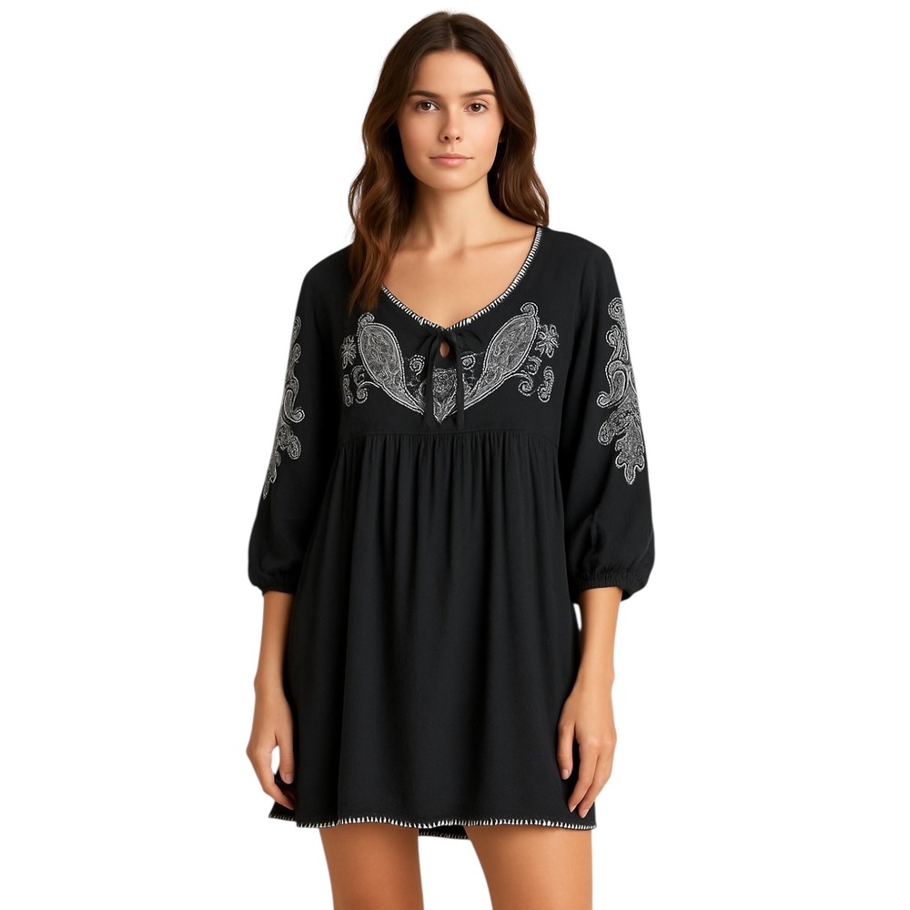 Ariat Paisley Embroidered Boho Tunic Mini Dress Gray Rayon Peasant Western Sz M